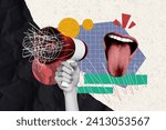 Small photo of Photo collage image human arm holding loudspeaker announce noise proclaim disinformation caricature mouth mental issues bullying