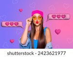 Photo collage image of charming flirty girl pouted lips sms comment notification heart emoji isolated on colorful gradient background