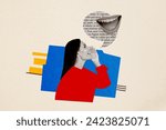 Small photo of Photo collage young girl sharing secret rumor hearsay literature text quote caricature toothy mouth listen smile psychedelic concept