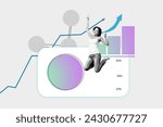 Creative template collage of successful woman control crm system google spreadsheet stats income growth every month over gray background