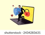 Small photo of Composite 3d photo collage of young guy run hold shield insects bugs laptop lock inaccessible confidential isolated on painted background