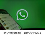 Small photo of Istanbul, Turkey - November 2020: chat screen of aplication on mobile android device in front of the whatsapp logo. privacy and security rumors about Whatsapp named mobile communication application
