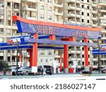 Small photo of Cairo, Egypt, July 31 2022: Chillout gas and oil station, Translation of Arabic and Japanese ( Shinzo Abe Station), petrol station in Japanese style in Shinzo Abe patrol highway axis, selective focus