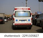 Small photo of Cairo, Egypt, April 18 2023: An ambulance on the side of the road, SemadCo ambulance, Translation of Arabic, Al Nasr company for manufacturing fertilizers and chemical industries in Suez
