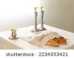 Small photo of Shabbat image - silver candlesticks Lightened with olive oil, Silver kiddush cup and challah