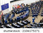 Small photo of Strasbourg, France - Dec 18, 2019: Speech of European Parliament President David Sassoli during plenarry sesion Sakharov Prize: daughter of laureate Ilham Tohti receives prize on his behalf