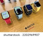 Small photo of Paris, France - Sep 16, 2022: Row of devices in Apple store featuring new Apple Watch series 8 with features: Cycle Tracking and Crash Detection two new temperature sensors, a high-g accelerometer