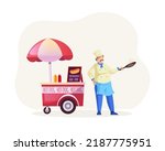 Male chef cooking hot dogs at street food vending cart. Mustached cook in professional uniform selling fast food meal at street market stall. Outdoor local fair, summer festival flat vector