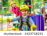 Small photo of Happy little boyn calling while climbing high tree and ropes. Eco Resort Activities. Go Ape Adventure. Roping park. Toddler age. Hiking in the rope park boy in safety equipment
