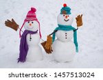 Small photo of New Year greeting card. Snow men. Snowman in snow forest. Funny snowmen. Greeting snowman. Snowman wish you merry Christmas