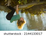 Small photo of Childhood leisure, happy kids climbing up tree and having fun in summer park. Young boy playing and climbing a tree and hanging upside down. Teen boy playing in a park.
