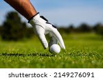 Small photo of Hand hold golf ball. Golfer man with golf glove. Man golfer playing golf on a golf course.