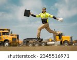 Small photo of Fast building. Funny construction worker jumping. Excited jump of builders in helmet. Worker in hardhat. Construction engineer in builder uniform jump. Excited foreman jump. Speed build.