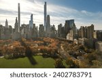 Autumn Fall. Autumnal Central Park view from drone. Aerial of NY City Manhattan Central Park panorama in Autumn. Central Park during autumn in New York City.