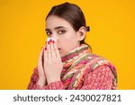 Small photo of Blow the snot. Woman in sweater and scarf hold napkin blow snot isolated on yellow. Mucus flowing from nose. Girl with snot, runny nose. Suffers from allergy. Nose allergy, flu sneezing nose. Allergy.
