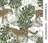 leopard  monstera leaves  palm... | Shutterstock .eps vector #1344689111
