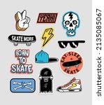Skateboarding badges, stickers. Vector illustrations of peace hand sign, skull, hat, shoes, sunglasses, lightning and skateboard.