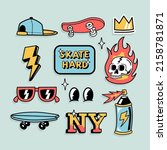 Skateboarding badges, stickers. Vector illustrations of eyes, a sign, a skull, a hat, shoes, sunglasses, a lightning, a spray paint and a skateboard.