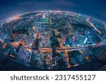 Small photo of lapse aerial view of Bangkok city overlook house, river, boat, temple and high rise building, road, Tourist destination in Thailand
