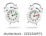 Small photo of Change time. Winter and summer time concept isolated on white background. Change the time in spring and autumn, a white alarm clock indicates a change in time one hour ago, one hour ahead.