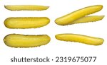 Small photo of A set of slices of pickles on a white isolated background. Strips of pickled cucumbers on different sides. The concept of a delicious addition to a dish or ingredient for a hamburger.