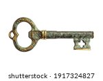 Beautiful old key with green corrosion of copper and gold details isolated on white background