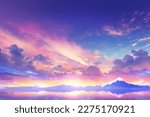 Beautiful Landscape Background Sky Clouds Sunset Oil Painting View Wallpaper Landscape Light Colours Purple Anime style Magic and Colorful