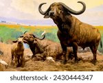 Small photo of New York, USA; January 10, 2024: Depiction of the forest and savanna biome of sub-Saharan Africa with a herd and family of buffalo, typical of the savanna at the American Museum of Natural History.