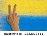 Small photo of Ukrainian colors sprayed on a white roughcast wall with Victory hand sign in the foreground.