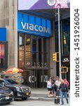Small photo of New York City, Circa 2019: Viacom American mass media conglomerate company primary business in film and television corporate headquarters entrance in Times Square Manhattan during day. Vertical frame