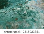 Small photo of Bright blue-green algae (cyanobacteria) on water and beach sand. Close-up of a harmful algal blooms and decay. Abstract background with green toxic texture.