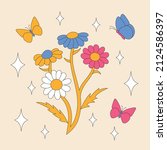 retro daisies with butterflies... | Shutterstock .eps vector #2124586397