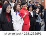Small photo of Czech Speaker of the Chamber of Deputies Marketa Pekarova Adamov take a group photo with legislators in front of the parliament Taipei, Taiwan on March 28 2023.