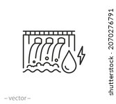 hydroelectric power plant icon, modern hydropower, dam outline,  water energy, electricity water turbine, thin line symbol - editable stroke vector illustration