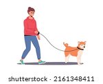 woman walking with pet on leash.... | Shutterstock .eps vector #2161348411