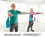 Small photo of Senior couple exercise stretching and exercising with resistance band at home health care