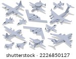 Isometric set of Military Aviation Air Force. attack aircraft, Stealth Strategic heavy Bomber, Strategic and tactical airlifter, Military Aviation. Strategic and tactical airlifter