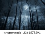 Title: night in the woods under full moon, dark fantasy halloween background
