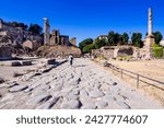 Roman road, temple of castor and pollux, palatine hill behind, roman forum, unesco world heritage site, rome, lazio, italy, europe