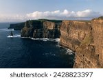 Small photo of The cliffs of moher, rising to 230m in height, o'brians tower and breanan mor seastack, looking from hags head, county clare, munster, eire (republic of ireland), europe