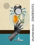 Small photo of Party time. Contemporary art collage of human hand holding alcohol cocktail with alarm clock isolated over retro background. Concept of art, creativity, imagination, poster. Copy space for ad