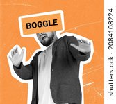 Small photo of Disorientation. Contemporary art collage of man with eyes hidden behind text element isolated on orange background. Boggle. Concept of social issues, mentality, psychology, support. Copy space for ad