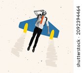 Small photo of Contemporary art collage of man flying up on a plane symbolizing professional and personal growth. Concept of motivation, achievement, goals, career, employment. Copy space for ad
