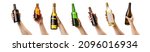 Small photo of Personal taste. Collage of many hands holding various alcohol bottles isolated over white background. Concept of alcohol, drink, party, degustation, holiday. Copy space for ad