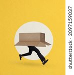 Small photo of Contemporary art collage of man running hiding in cardboard box isolated over yellow background. Concept of delivery service, mail, post office, creativity, artwork. Copy space for ad