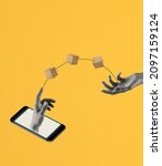 Small photo of Contemporary art collage of male hand sticking out phone screen and sending delivery boxes to female hand isolated on yellow background. Concept of delivery service, creativity, online shopping and ad