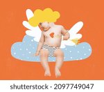 Small photo of Contemporary art collage of baby boy, little love Cupid sittingon clod and sending love isolated over orane background. Happy St. Valentine's Day. Concept of holiday, childhood, ad