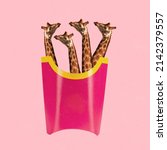 Small photo of Contemporary art collage. Creative image with giraffes in image of fries isolated over pink background. Junk food love. Delicious taste. Concept of creativity, ad, imagination, surrealism