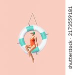 Small photo of Contemporary art collage. Stylish young girl in swimming suit and cap sitting on lifebuoy isolated over peach background. Concept of summer, mood, creativity, party, fun. Copy space for ad, poster