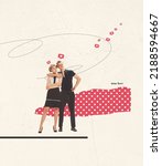 Small photo of Contemporary art collage. Young stylish couple posing over beige background. Social media acquaintance, date. Concept of relationship, lifestyle, creativity, retro style. Copy space for ad, poster